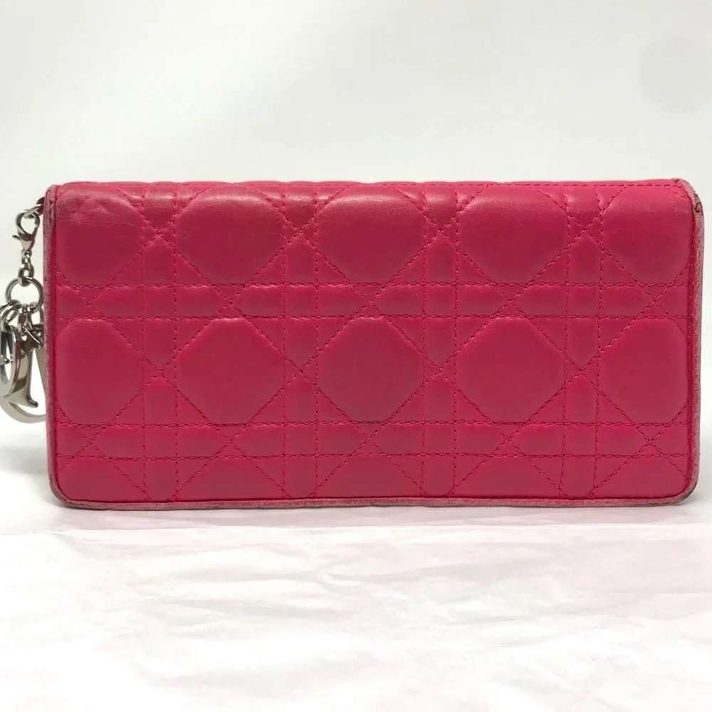 Dior Lady Dior Lambskin Leather Bifold Long Wallet w/ Charm